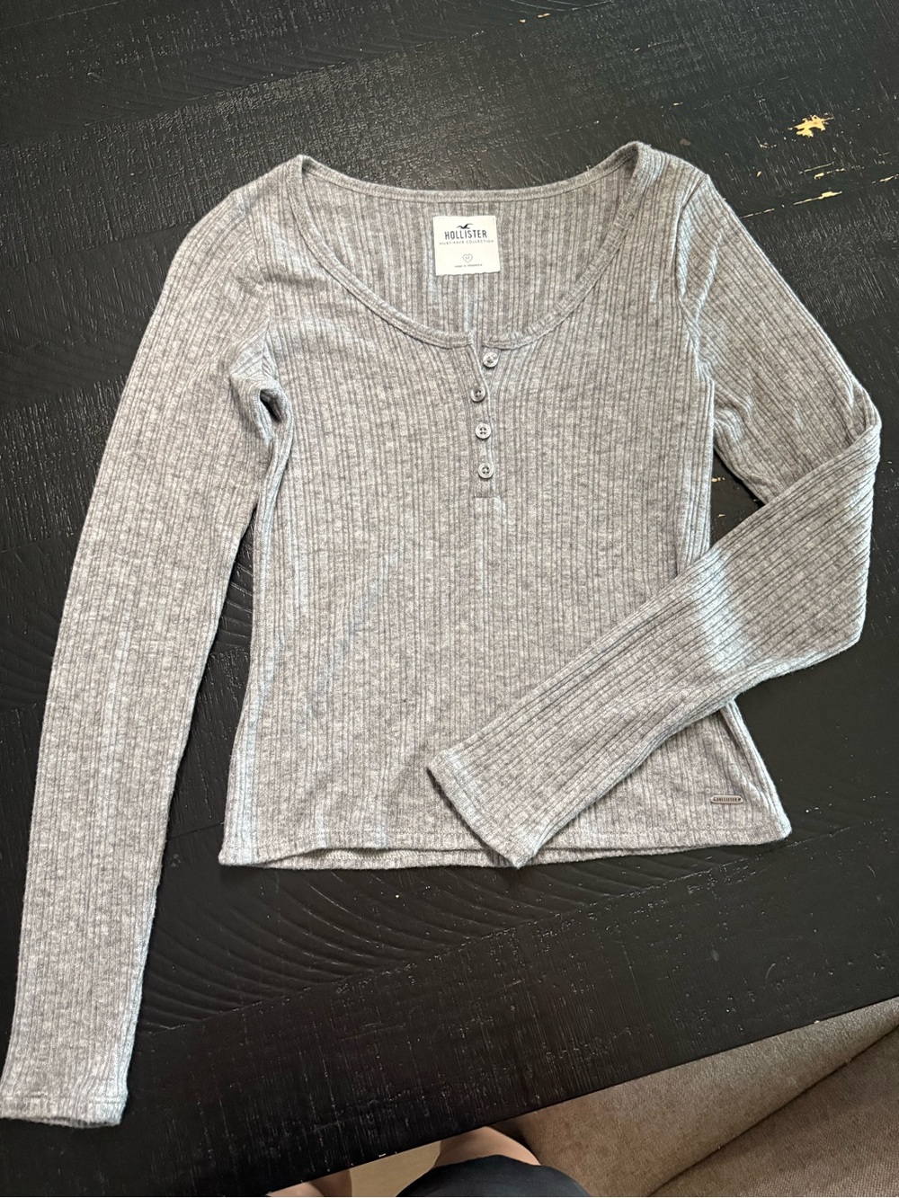 Hollister Light Gray Ribbed Henley Long-Sleeve Top
